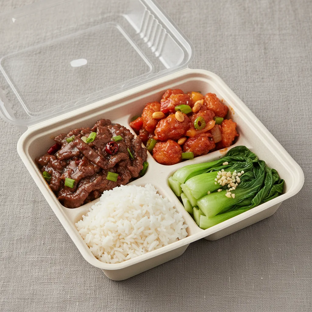 Kung Pao chicken, Mongolian Beef, Steamed Jasmine Rice, Bok Choy and Garlic Kung Pao chicken, Mongolian Beef, Steamed Jasmine Rice, Bok Choy and Garlic