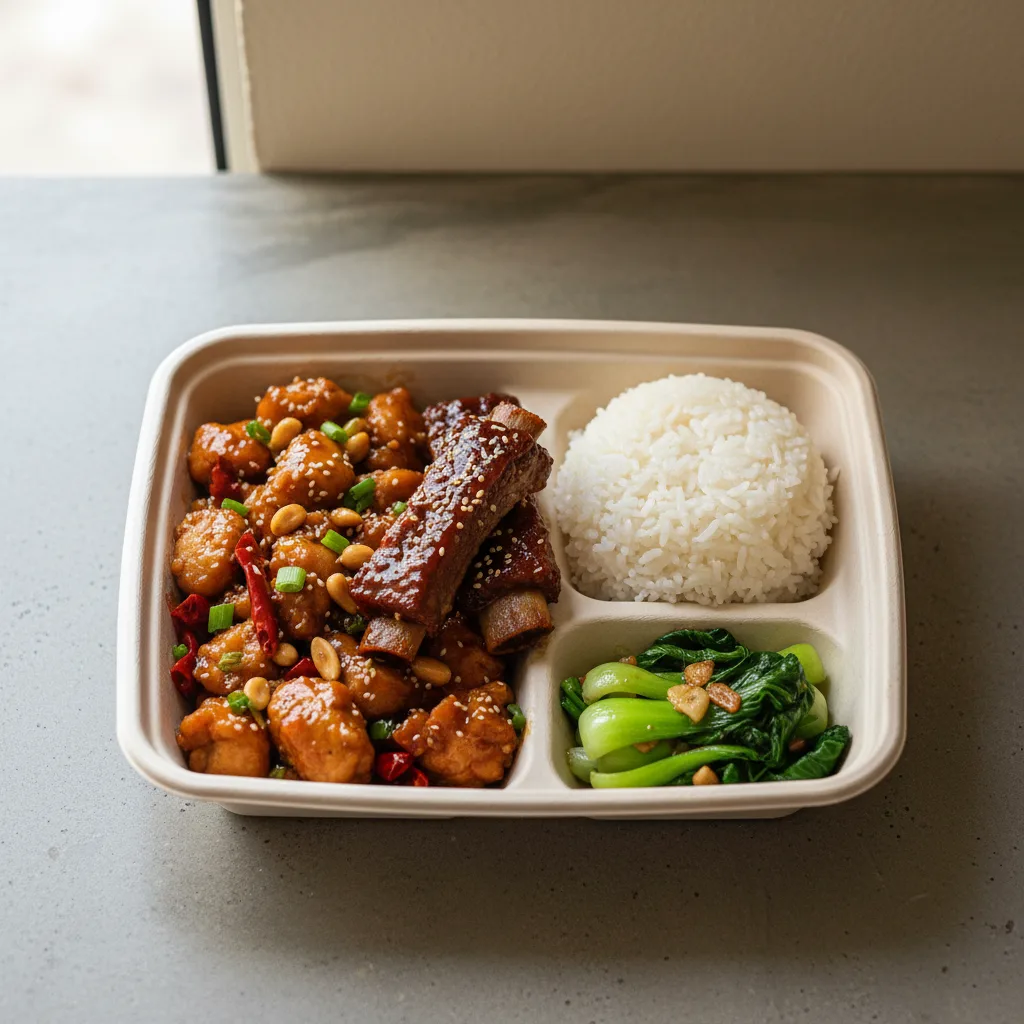 Kung Pao chicken, Spare Ribs, Steamed Jasmine Rice, Bok Choy and Garlic Kung Pao chicken, Spare Ribs, Steamed Jasmine Rice, Bok Choy and Garlic