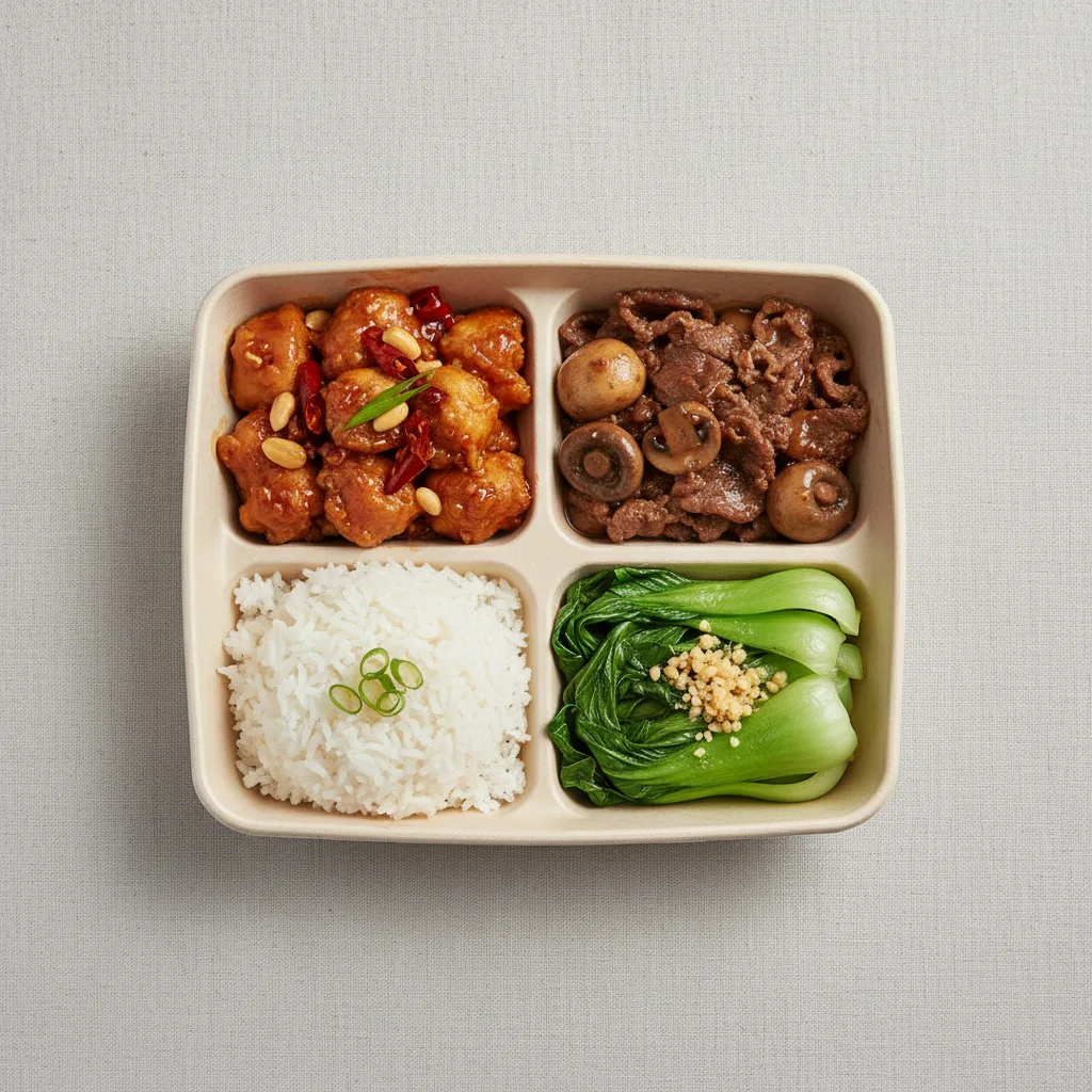 Kung Pao chicken, Beef & Oyster Sauce, Steamed Jasmine Rice, Bok Choy & Garlic Kung Pao chicken, Beef & Oyster Sauce, Steamed Jasmine Rice, Bok Choy & Garlic