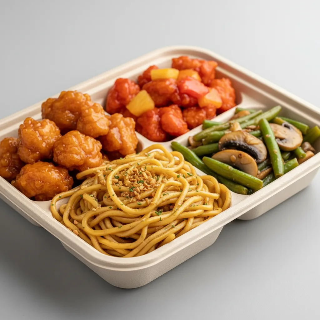 Orange Chicken, Sweet & Sour Chicken, Garlic Noodles, Green Beans & Mushrooms Orange Chicken, Sweet & Sour Chicken, Garlic Noodles, Green Beans & Mushrooms