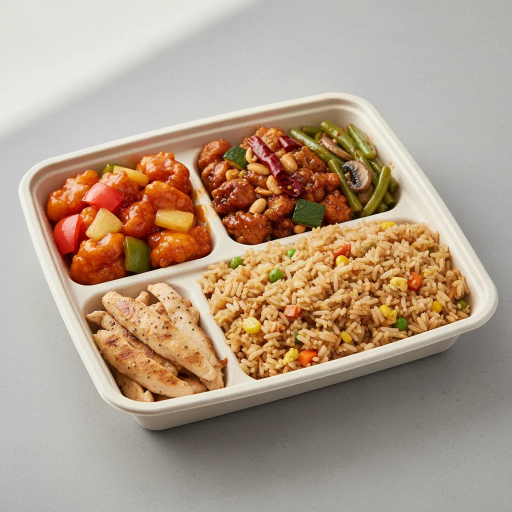 Orange Chicken, Beef & Oyster Sauce, Vegetable Fried Rice, Green Bean & Mushroom Orange Chicken, Beef & Oyster Sauce, Vegetable Fried Rice, Green Bean & Mushroom