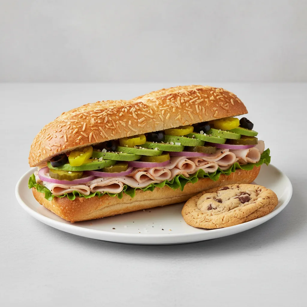 Turkey & Avocado Sub on Parmesan Bread & a Chocolate Chip Cookie (No Tomatoes) Turkey & Avocado Sub on Parmesan Bread & a Chocolate Chip Cookie (No Tomatoes)