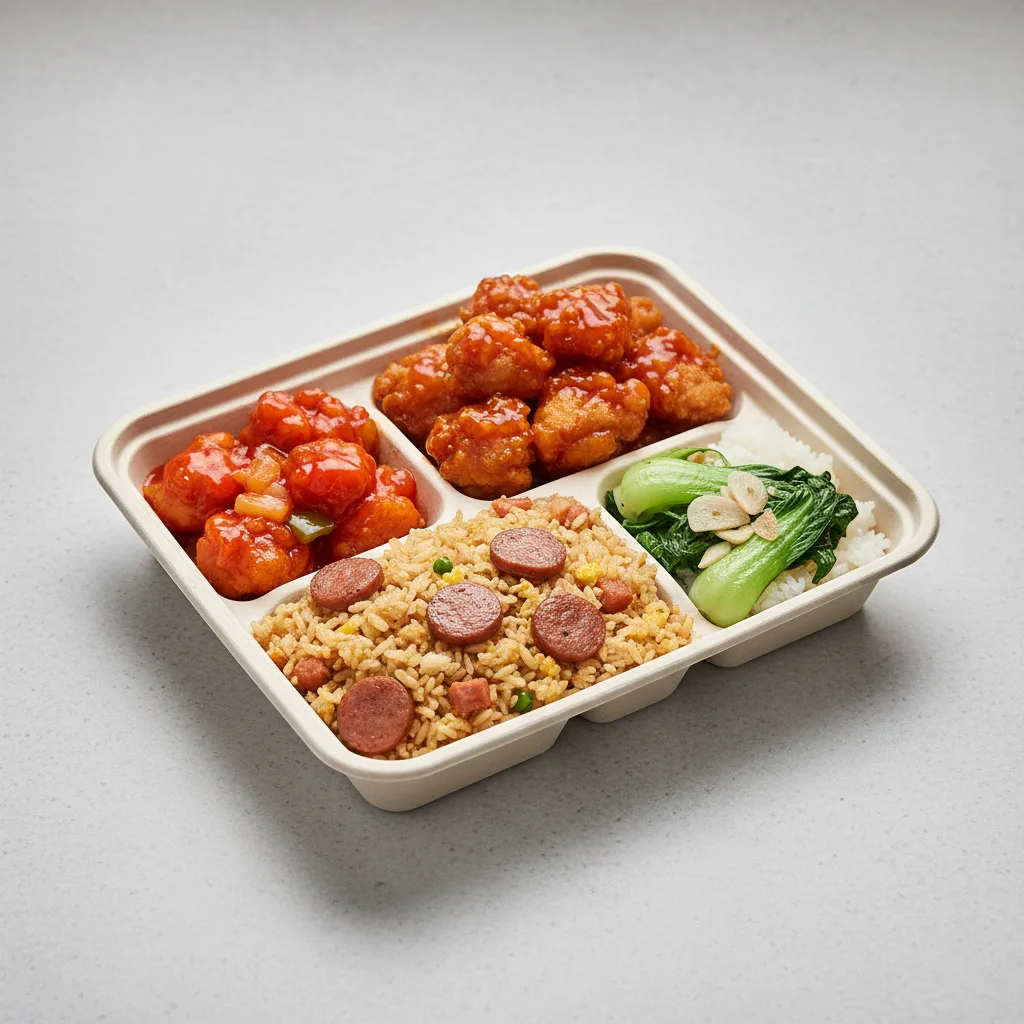 Orange Chicken, Sweet & Sour Chicken, Sausage Fried Rice, Bok Choy & Garlic Orange Chicken, Sweet & Sour Chicken, Sausage Fried Rice, Bok Choy & Garlic