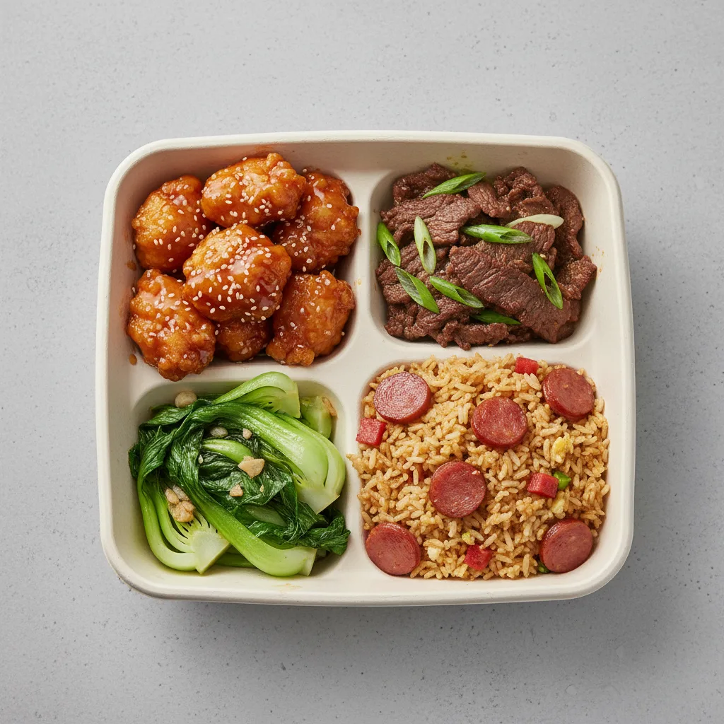 Orange Chicken, Mongolian Beef, Chinese Sausage Fried Rice, Bok Choy and Garlic Orange Chicken, Mongolian Beef, Chinese Sausage Fried Rice, Bok Choy and Garlic