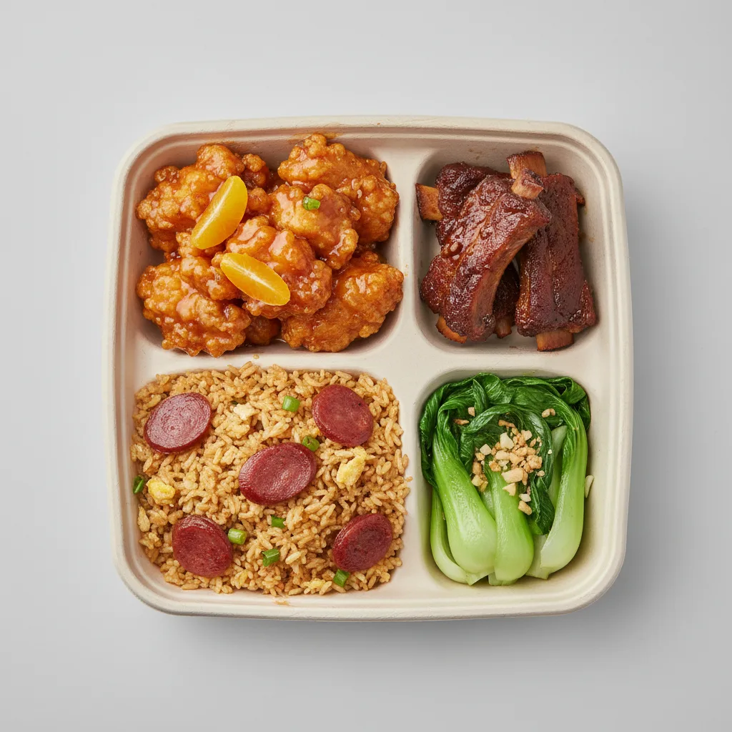 Orange Chicken, Spare Ribs, Chinese Sausage Fried Rice, Bok Choy and Garlic Orange Chicken, Spare Ribs, Chinese Sausage Fried Rice, Bok Choy and Garlic