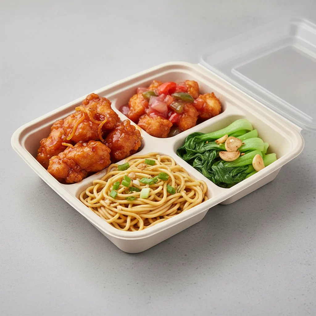 Orange Chicken, Sweet & Sour Chicken, Garlic Noodles, Bok Choy and Garlic Orange Chicken, Sweet & Sour Chicken, Garlic Noodles, Bok Choy and Garlic