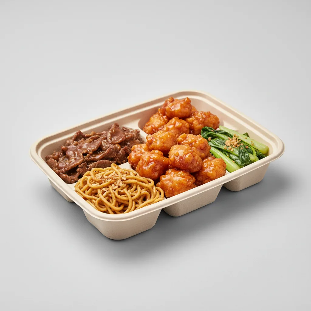 Orange Chicken, Beef with Oyster Sauce, Garlic Noodles, Bok Choy and Garlic Orange Chicken, Beef with Oyster Sauce, Garlic Noodles, Bok Choy and Garlic