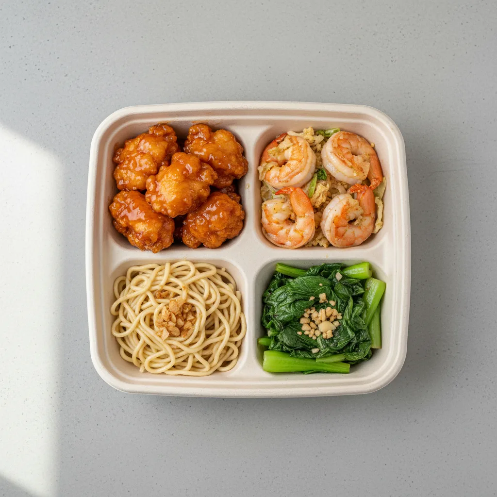 Orange Chicken, MuShu Prawns , Garlic Noodles, Bok Choy and Garlic Orange Chicken, MuShu Prawns , Garlic Noodles, Bok Choy and Garlic
