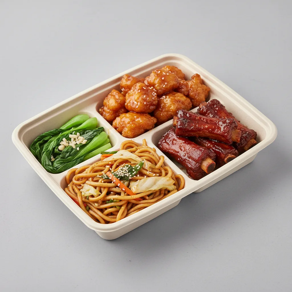 Orange Chicken, Spare Ribs, Vegetable Chow Mein, Bok Choy and Garlic Orange Chicken, Spare Ribs, Vegetable Chow Mein, Bok Choy and Garlic