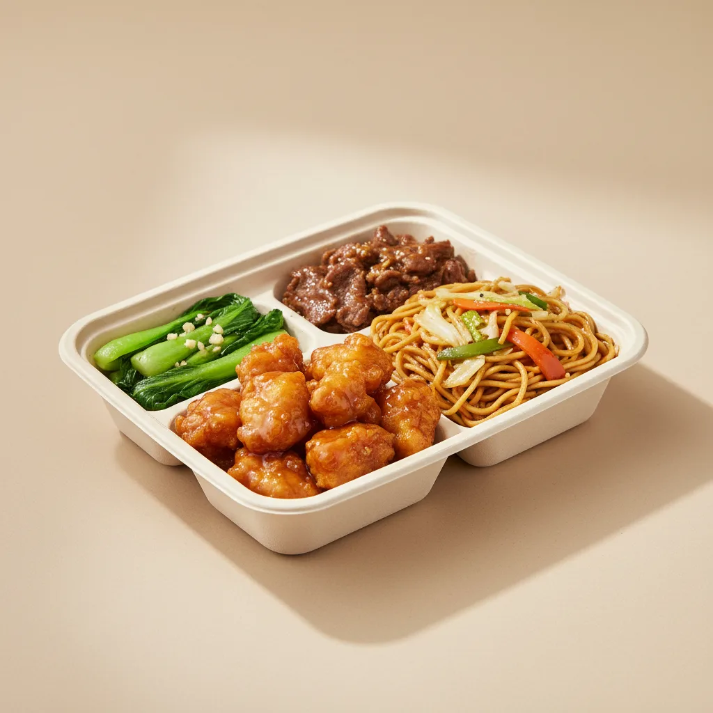Orange Chicken, Beef with Oyster Sauce, Vegetable Chow Mein, Bok Choy & Garlic Orange Chicken, Beef with Oyster Sauce, Vegetable Chow Mein, Bok Choy & Garlic