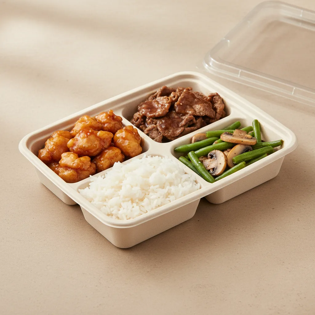 Orange Chicken, Beef & Oyster Sauce, Jasmine Rice, Green Beans & Mushrooms Orange Chicken, Beef & Oyster Sauce, Jasmine Rice, Green Beans & Mushrooms