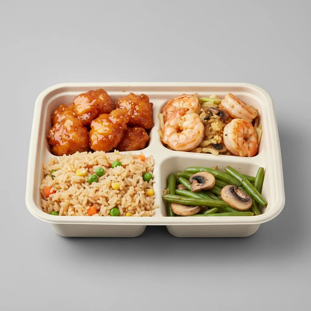 Orange Chicken, MuShu Prawns, Vegetable Fried Rice, Green Beans & Mushrooms Orange Chicken, MuShu Prawns, Vegetable Fried Rice, Green Beans & Mushrooms