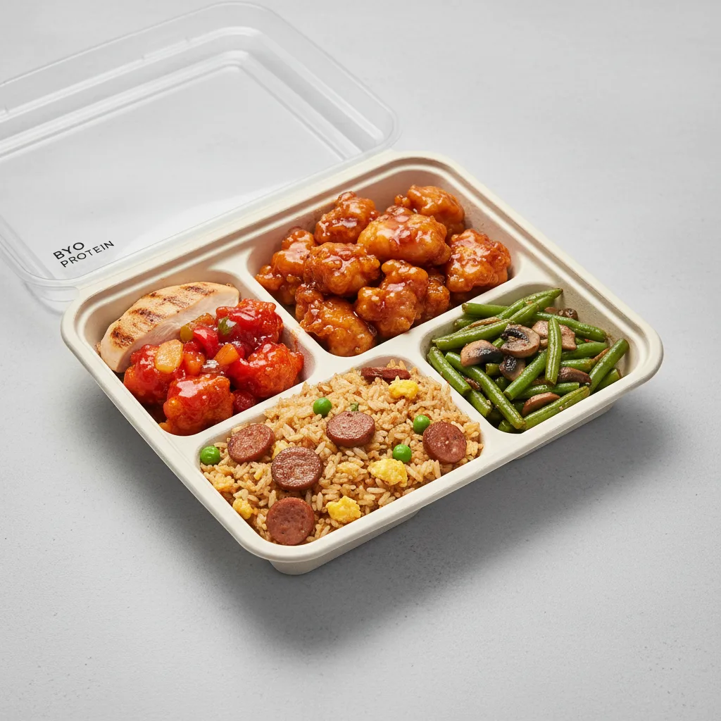 Orange Chicken, Sweet & Sour Chicken, Sausage Fried Rice, Green Beans & Mushroom Orange Chicken, Sweet & Sour Chicken, Sausage Fried Rice, Green Beans & Mushroom