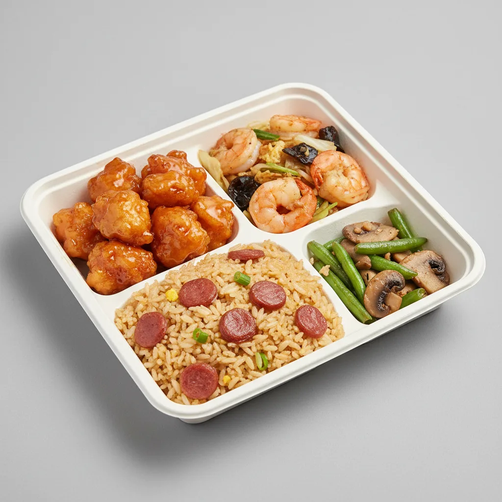 Orange Chicken, MuShu Prawns, Sausage Fried Rice, Green Beans & Mushrooms Orange Chicken, MuShu Prawns, Sausage Fried Rice, Green Beans & Mushrooms