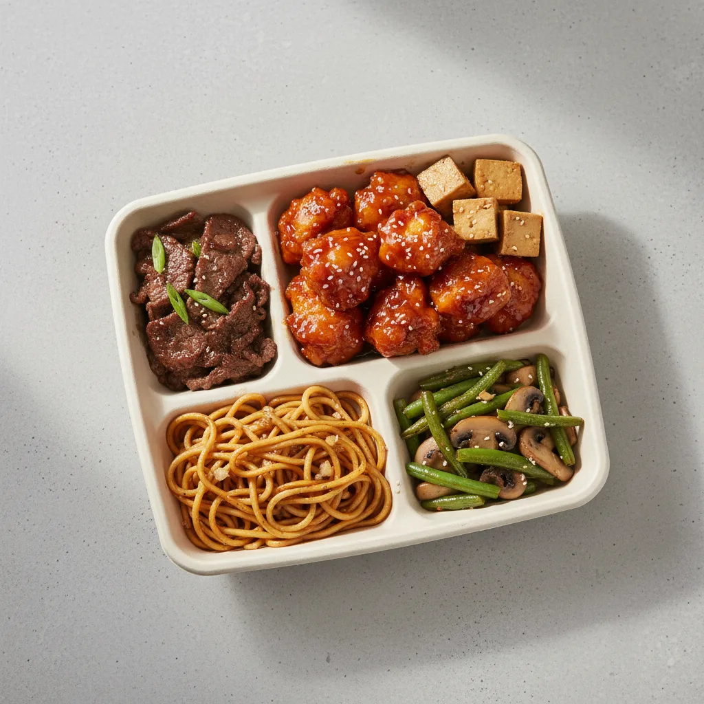 Orange Chicken, Mongolian Beef, Garlic Noodles, Green Beans & Mushrooms Orange Chicken, Mongolian Beef, Garlic Noodles, Green Beans & Mushrooms