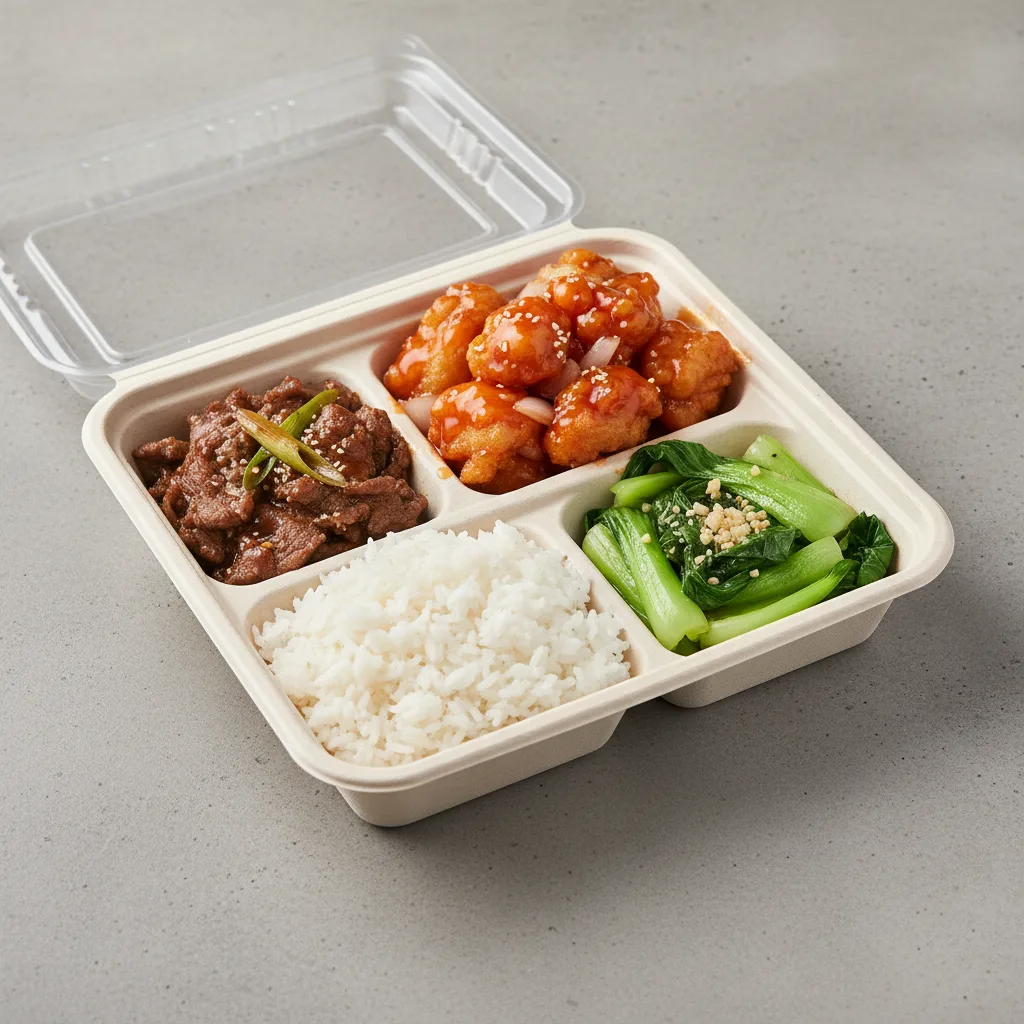Sweet & Sour Chicken, Mongolian Beef, Steamed Jasmine Rice, Bok Choy and Garlic Sweet & Sour Chicken, Mongolian Beef, Steamed Jasmine Rice, Bok Choy and Garlic