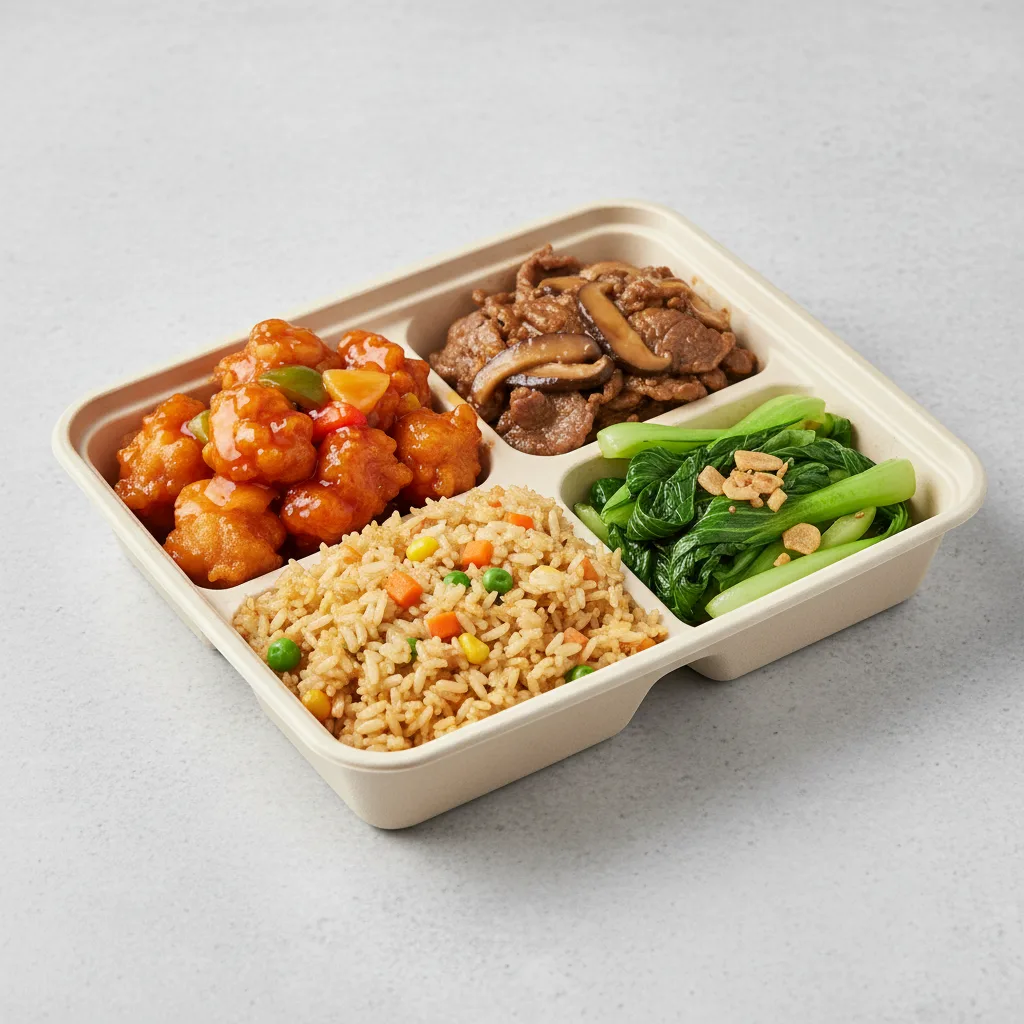 Sweet & Sour Chicken, Beef & Oyster Sauce, Veggie Fried Rice, Bok Choy & Garlic Sweet & Sour Chicken, Beef & Oyster Sauce, Veggie Fried Rice, Bok Choy & Garlic