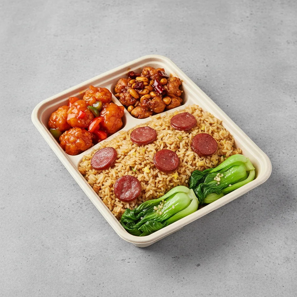 Sweet & Sour Chicken, Kung Pao Chicken, Sausage Fried Rice, Bok Choy & Garlic Sweet & Sour Chicken, Kung Pao Chicken, Sausage Fried Rice, Bok Choy & Garlic