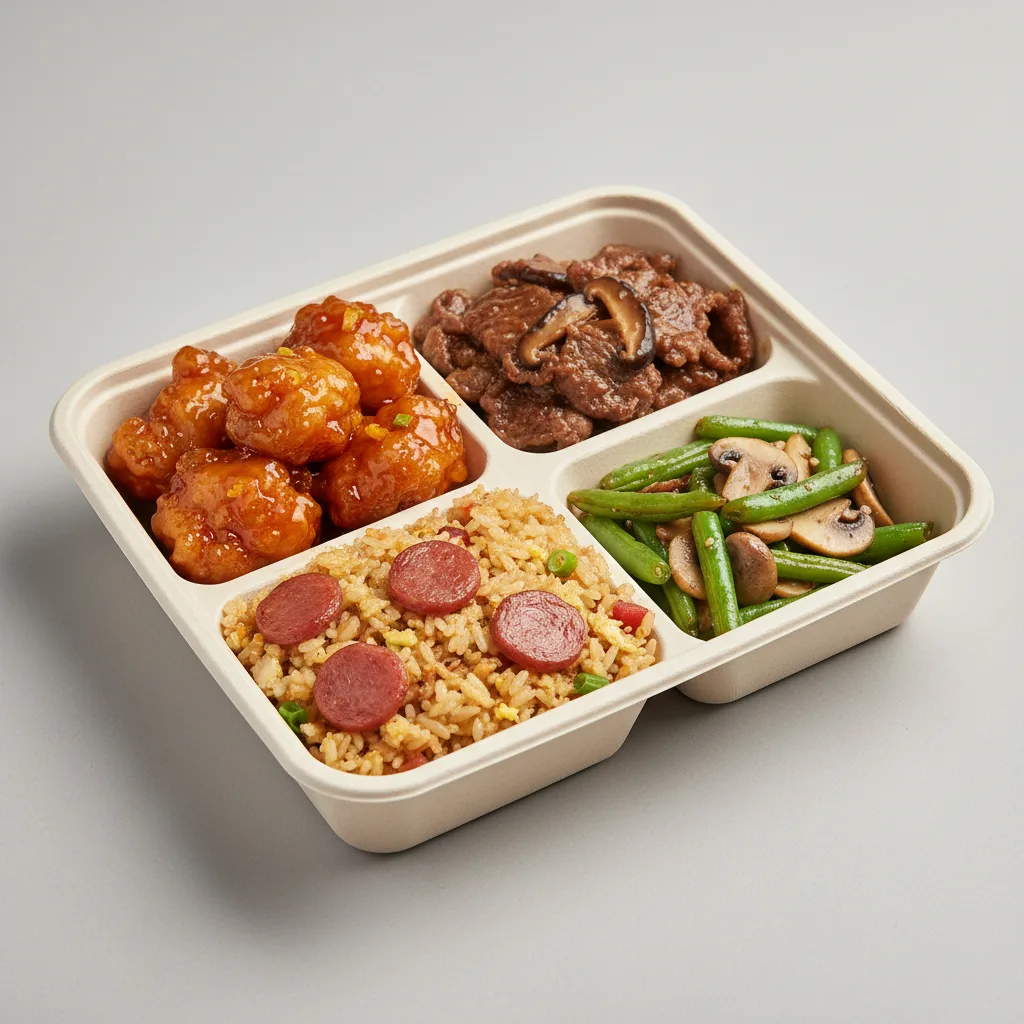 Sweet & Sour Chicken, Mongolian Beef, Sausage Fried Rice, Bok Choy & Garlic Sweet & Sour Chicken, Mongolian Beef, Sausage Fried Rice, Bok Choy & Garlic