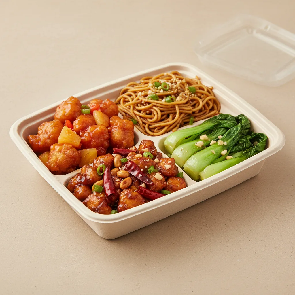Sweet & Sour Chicken, Kung Pao Chicken, Garlic Noodles, Bok Choy and Garlic Sweet & Sour Chicken, Kung Pao Chicken, Garlic Noodles, Bok Choy and Garlic