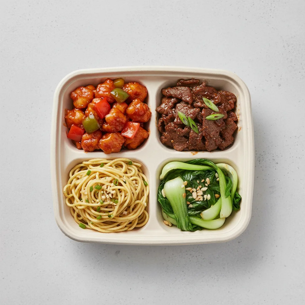 Sweet & Sour Chicken, Mongolian Beef, Garlic Noodles, Bok Choy and Garlic Sweet & Sour Chicken, Mongolian Beef, Garlic Noodles, Bok Choy and Garlic