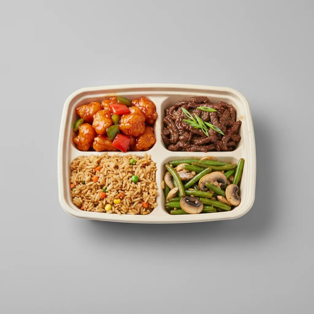 Sweet & Sour Chicken, Mongolian Beef, Veggie Fried Rice, Green Beans & Mushrooms Sweet & Sour Chicken, Mongolian Beef, Veggie Fried Rice, Green Beans & Mushrooms