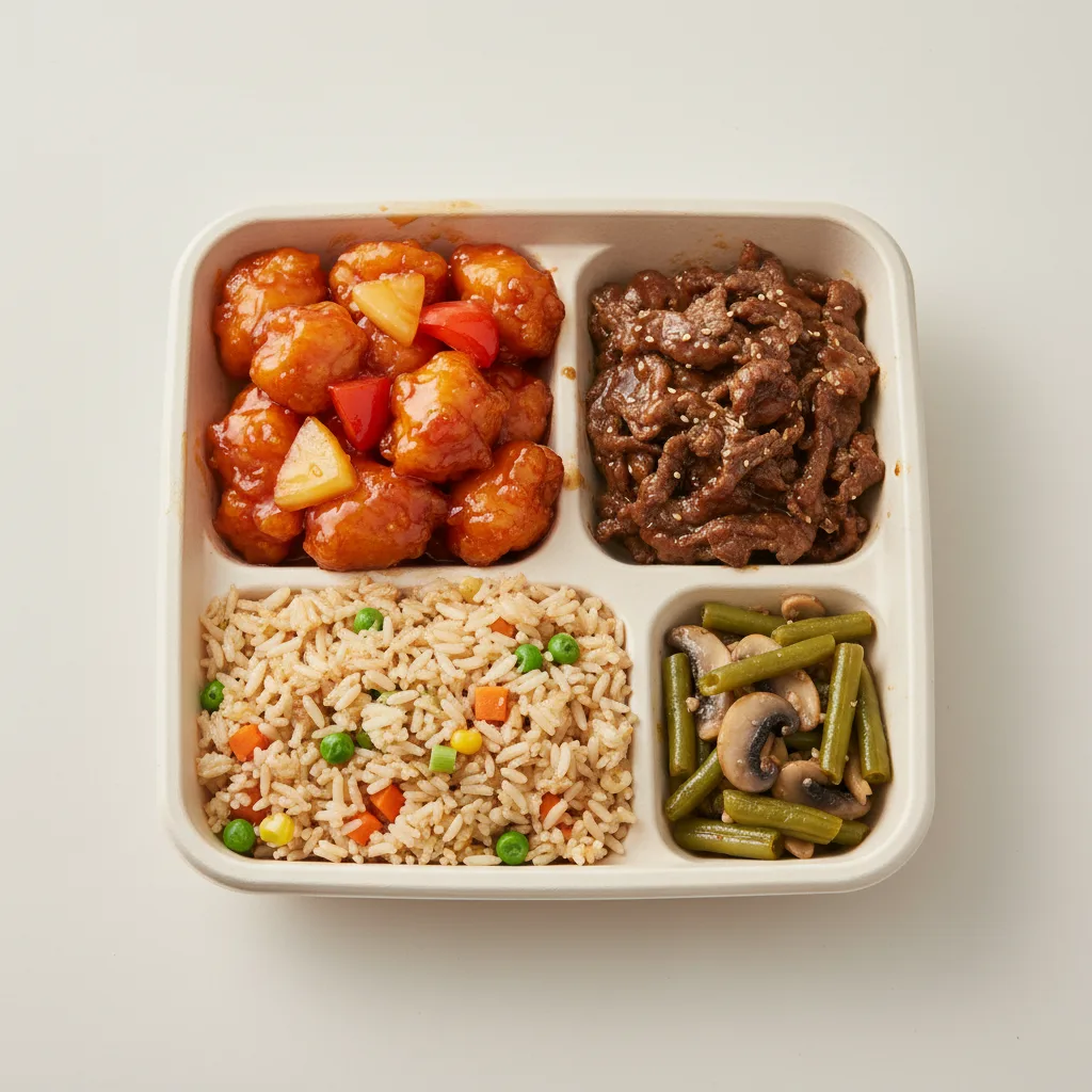 Sweet & Sour Chicken, Beef & Oyster Sauce, Vegetable Fried Rice, Green Bean & Mushroom Sweet & Sour Chicken, Beef & Oyster Sauce, Vegetable Fried Rice, Green Bean & Mushroom