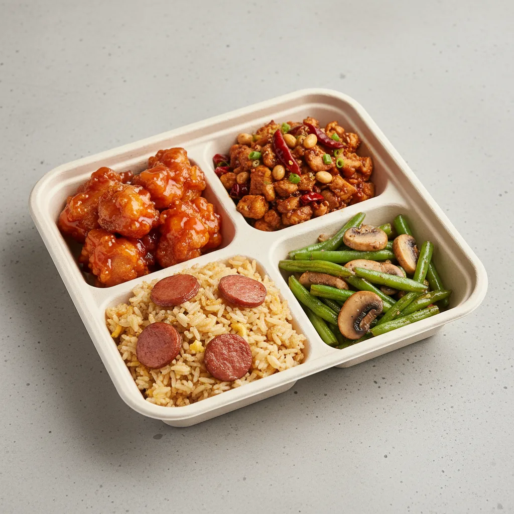 Sweet & Sour & Kung Pao Chicken, Sausage Fried Rice, Green Bean & Mushroom Sweet & Sour & Kung Pao Chicken, Sausage Fried Rice, Green Bean & Mushroom