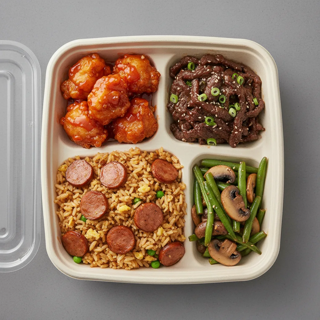 Sweet & Sour Chicken, Mongolian Beef, Sausage Fried Rice, Green Beans & Mushroom Sweet & Sour Chicken, Mongolian Beef, Sausage Fried Rice, Green Beans & Mushroom