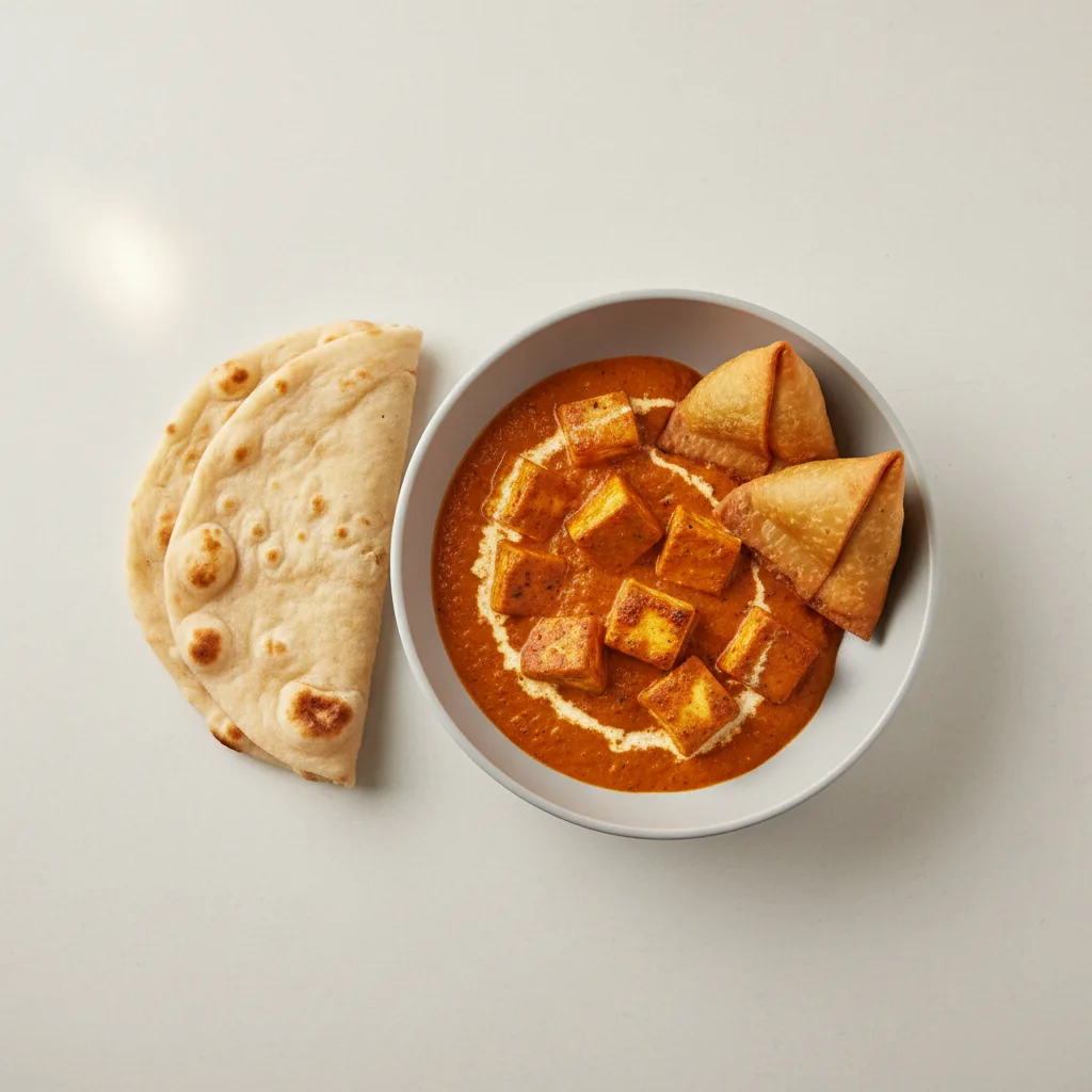 Paneer Tikka Masala with Plain Naan and Vegan Samosa Paneer Tikka Masala with Plain Naan and Vegan Samosa