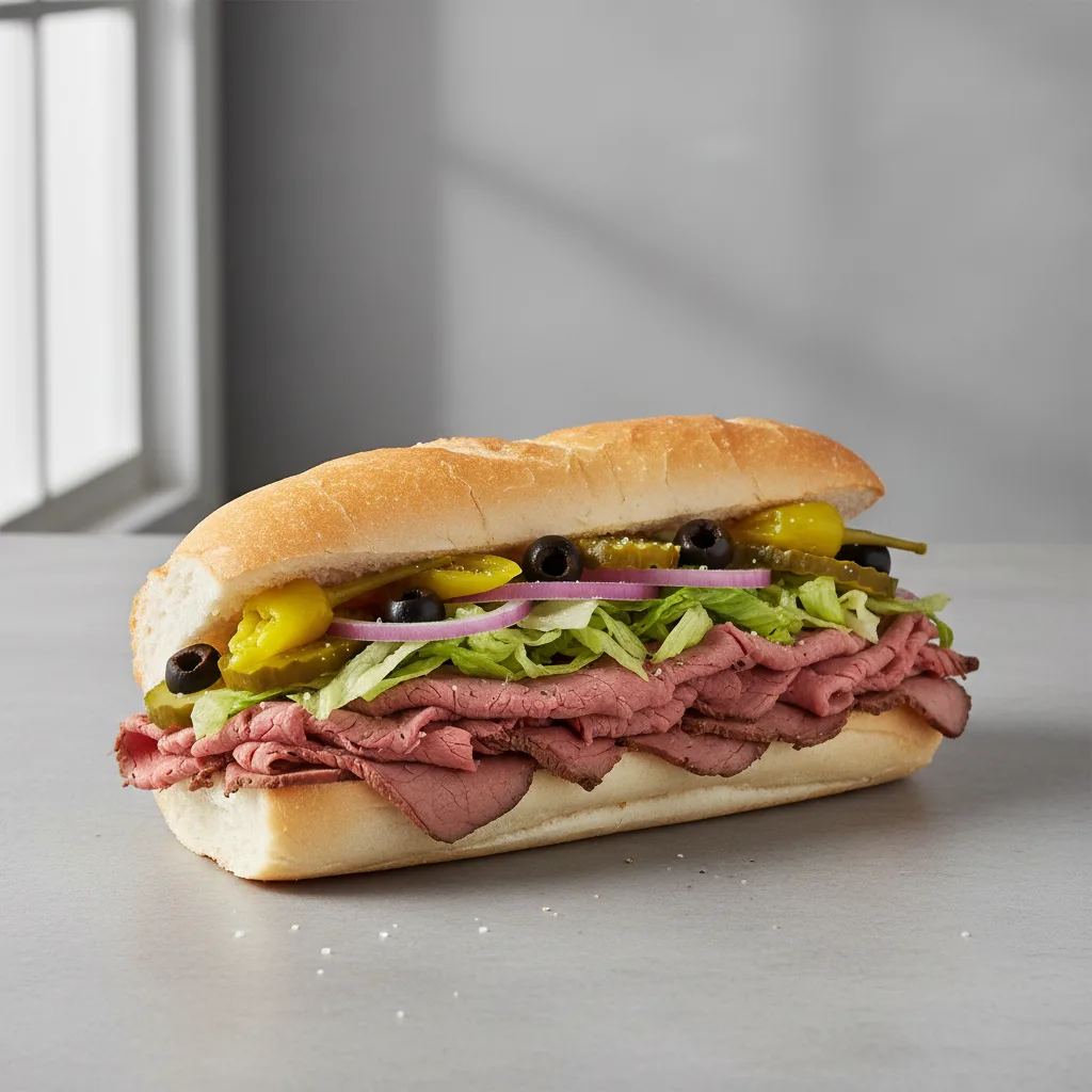 Regular Roast Beef Sub on White Bread (No Tomatoes) Regular Roast Beef Sub on White Bread (No Tomatoes)