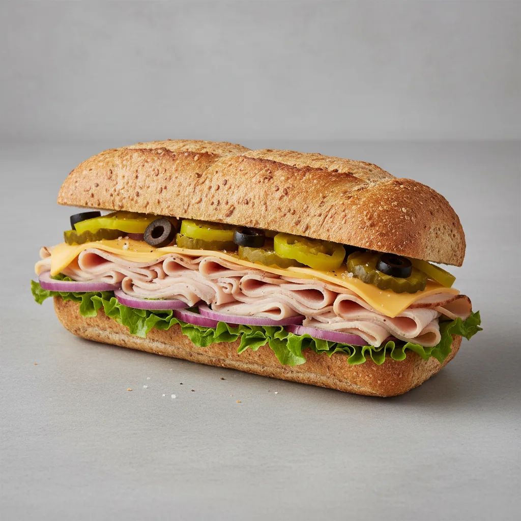Regular Turkey and Cheddar Sub on Whole Grain Wheat Bread (No Tomatoes) Regular Turkey and Cheddar Sub on Whole Grain Wheat Bread (No Tomatoes)