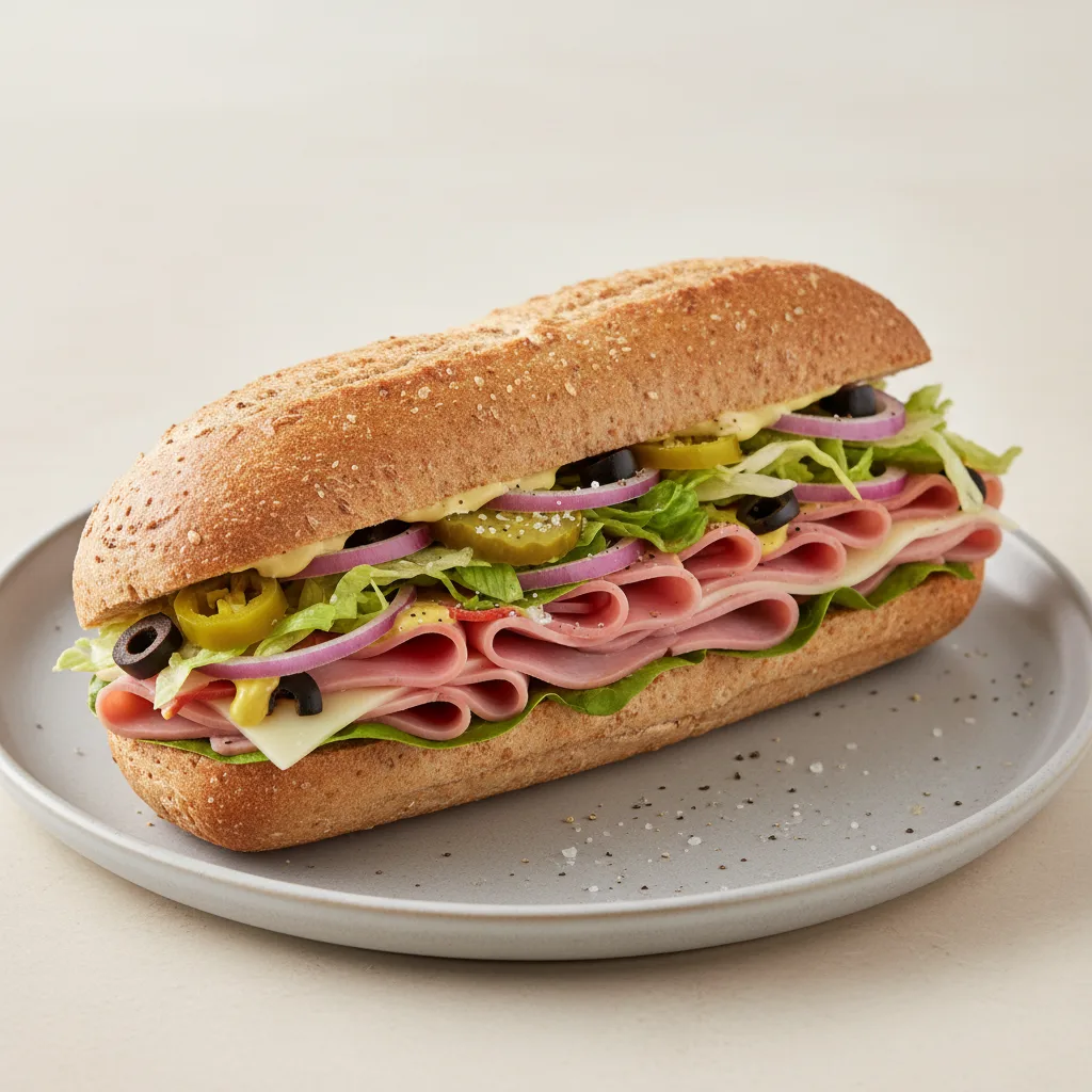 Regular Ham and Swiss Sub on Whole Grain Wheat Bread (No Tomatoes) Regular Ham and Swiss Sub on Whole Grain Wheat Bread (No Tomatoes)