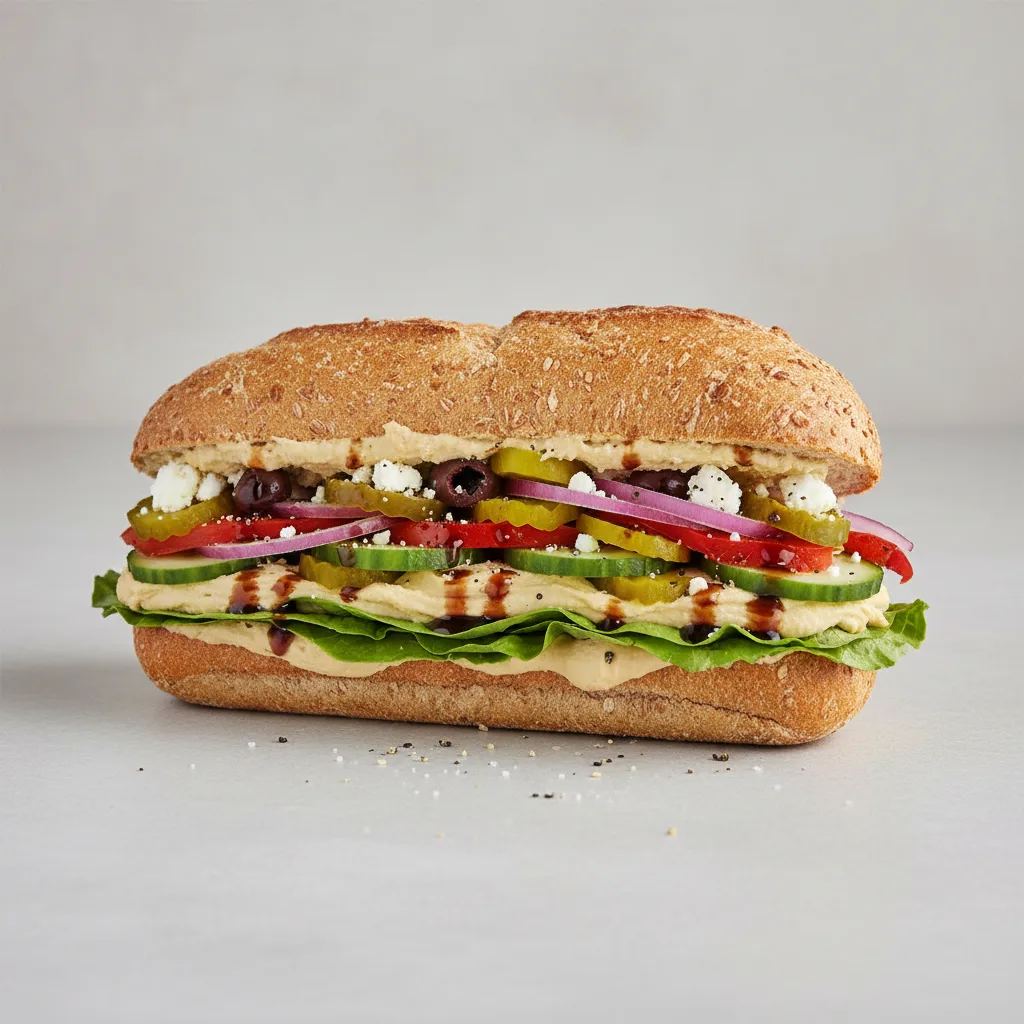 Greek Veggie Sub on Whole Grain Wheat Bread (No Tomatoes) Greek Veggie Sub on Whole Grain Wheat Bread (No Tomatoes)