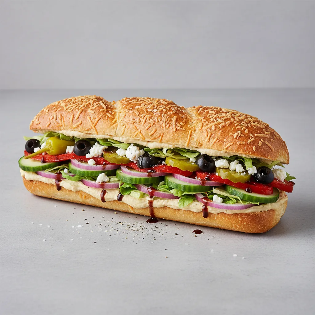Greek Veggie Sub on Parmesan Bread (No Tomatoes) Greek Veggie Sub on Parmesan Bread (No Tomatoes)