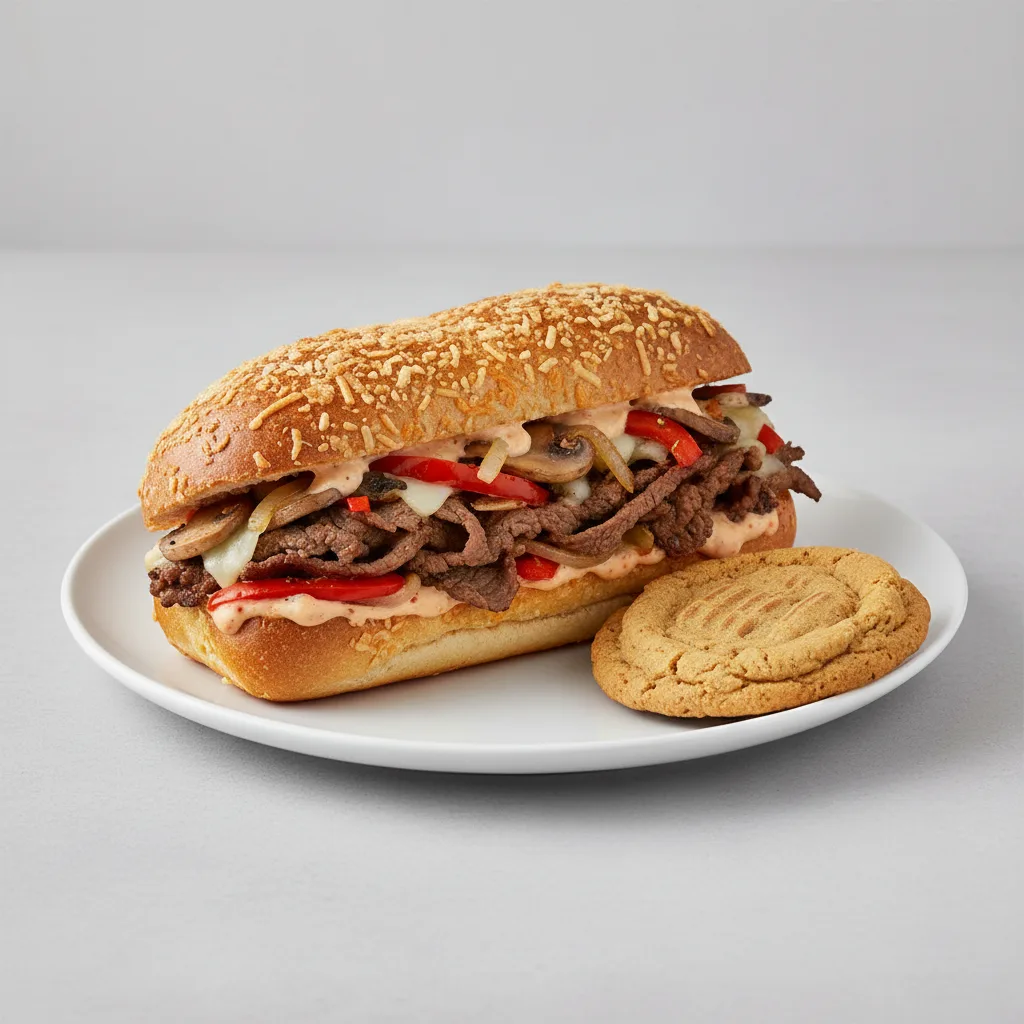 Beef Cheesesteak Sub on Parmesan Bread with a Peanut Butter Cookie Beef Cheesesteak Sub on Parmesan Bread with a Peanut Butter Cookie
