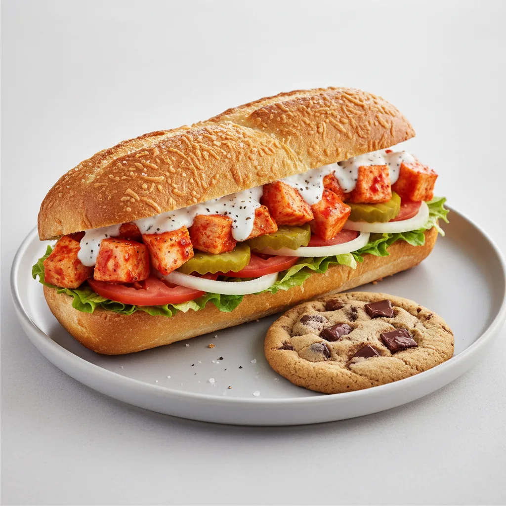 Buffalo Chicken Sub on Parmesan Bread and a Chocolate Chip Cookie Buffalo Chicken Sub on Parmesan Bread and a Chocolate Chip Cookie
