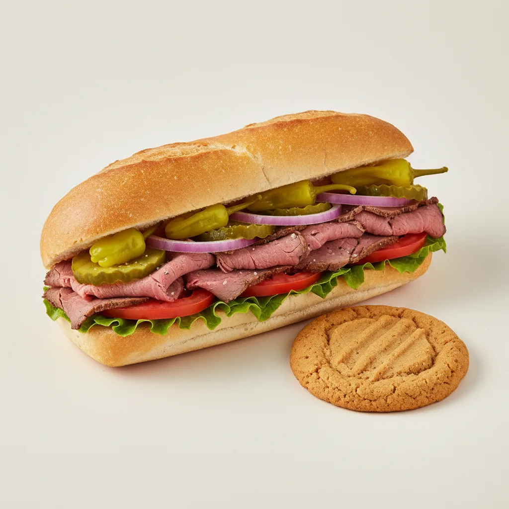 Roast Beef Sub on White Bread and a Peanut Butter Cookie Roast Beef Sub on White Bread and a Peanut Butter Cookie