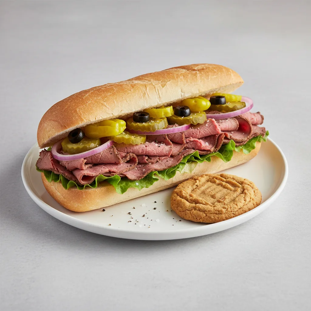 Roast Beef Sub on White Bread and a Peanut Butter Cookie (No Tomatoes) Roast Beef Sub on White Bread and a Peanut Butter Cookie (No Tomatoes)