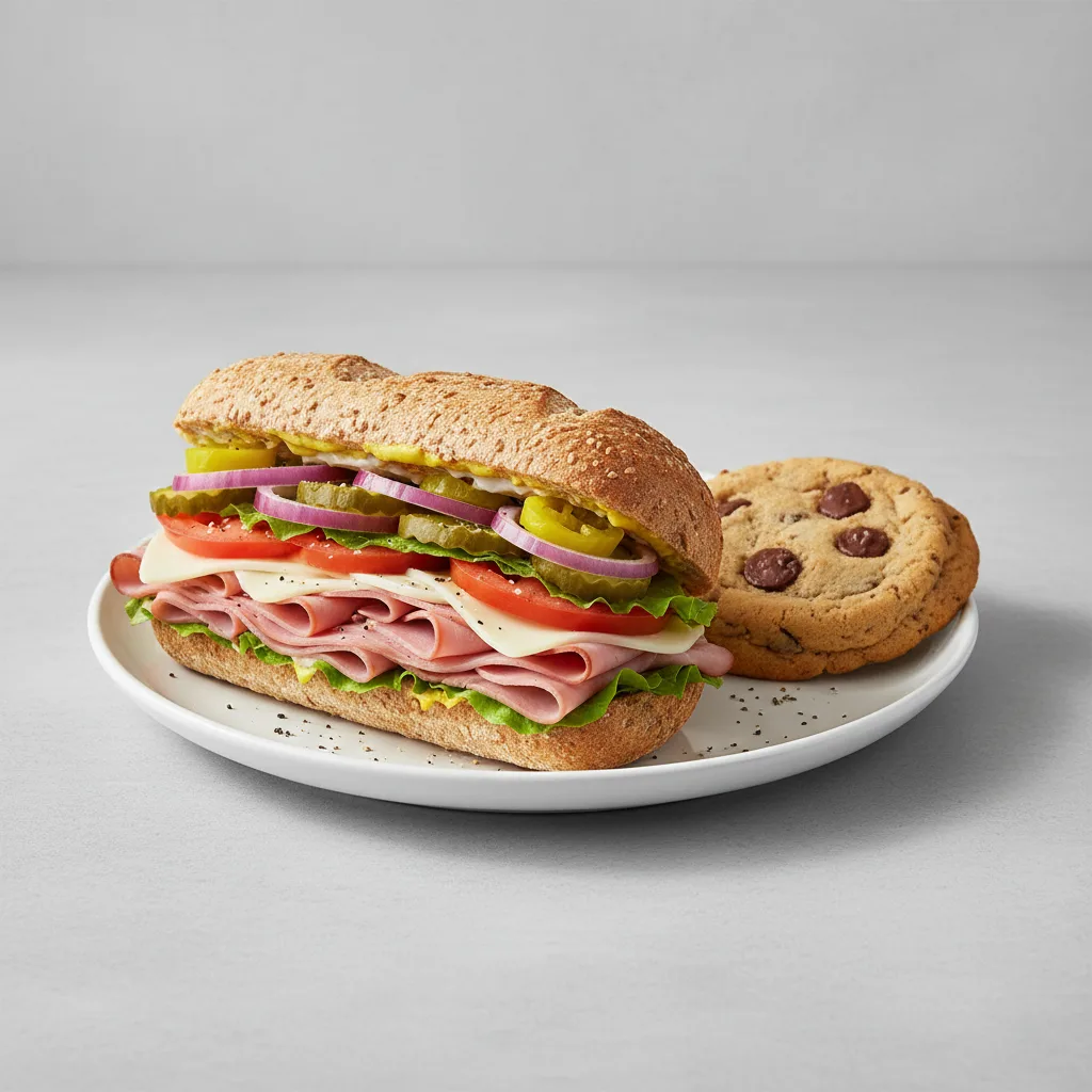 Ham and Swiss Sub on Whole Grain Wheat Bread and a Chocolate Chip Cookie Ham and Swiss Sub on Whole Grain Wheat Bread and a Chocolate Chip Cookie