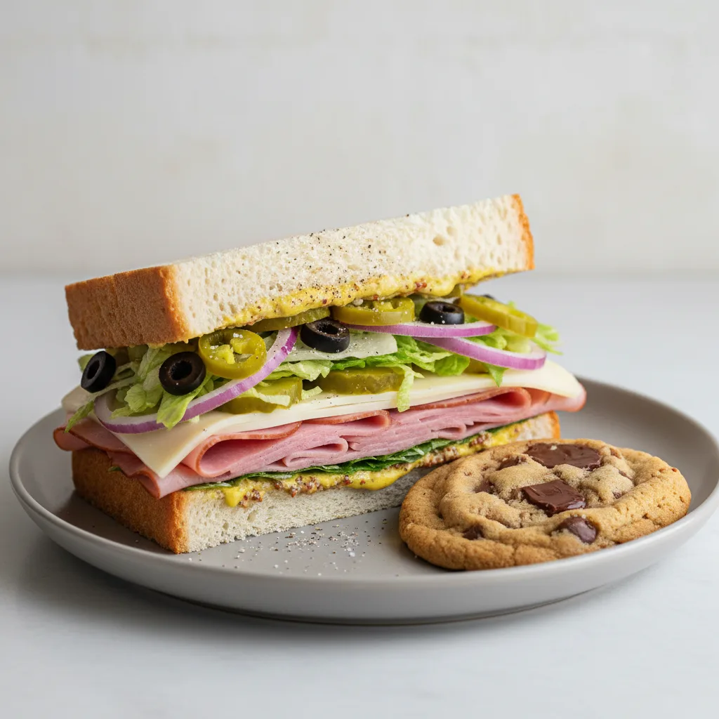 Ham and Swiss Sub on White Bread and a Chocolate Chip Cookie (No Tomatoes) Ham and Swiss Sub on White Bread and a Chocolate Chip Cookie (No Tomatoes)