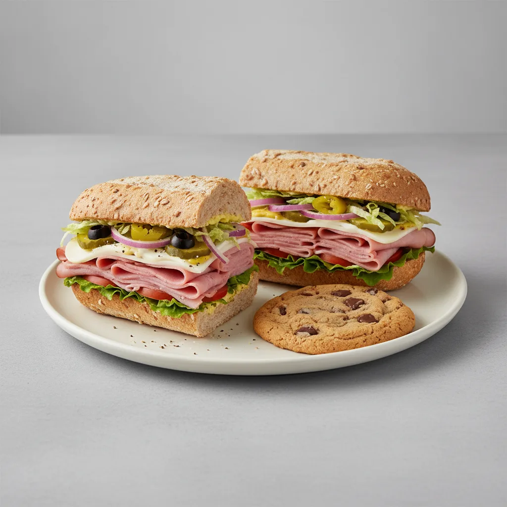 Ham & Swiss Sub on Whole Grain Wheat Bread & Chocolate Chip Cookie (No Tomatoes) Ham & Swiss Sub on Whole Grain Wheat Bread & Chocolate Chip Cookie (No Tomatoes)