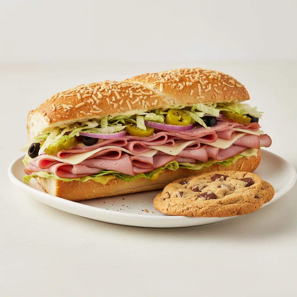 Ham and Swiss Sub on Parmesan Bread and a Chocolate Chip Cookie (No Tomatoes) Ham and Swiss Sub on Parmesan Bread and a Chocolate Chip Cookie (No Tomatoes)