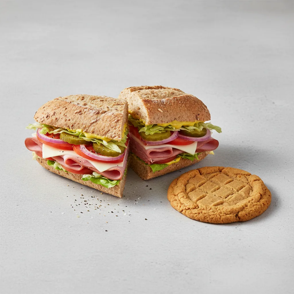 Ham and Swiss Sub on Whole Grain Wheat Bread and a Peanut Butter Cookie Ham and Swiss Sub on Whole Grain Wheat Bread and a Peanut Butter Cookie
