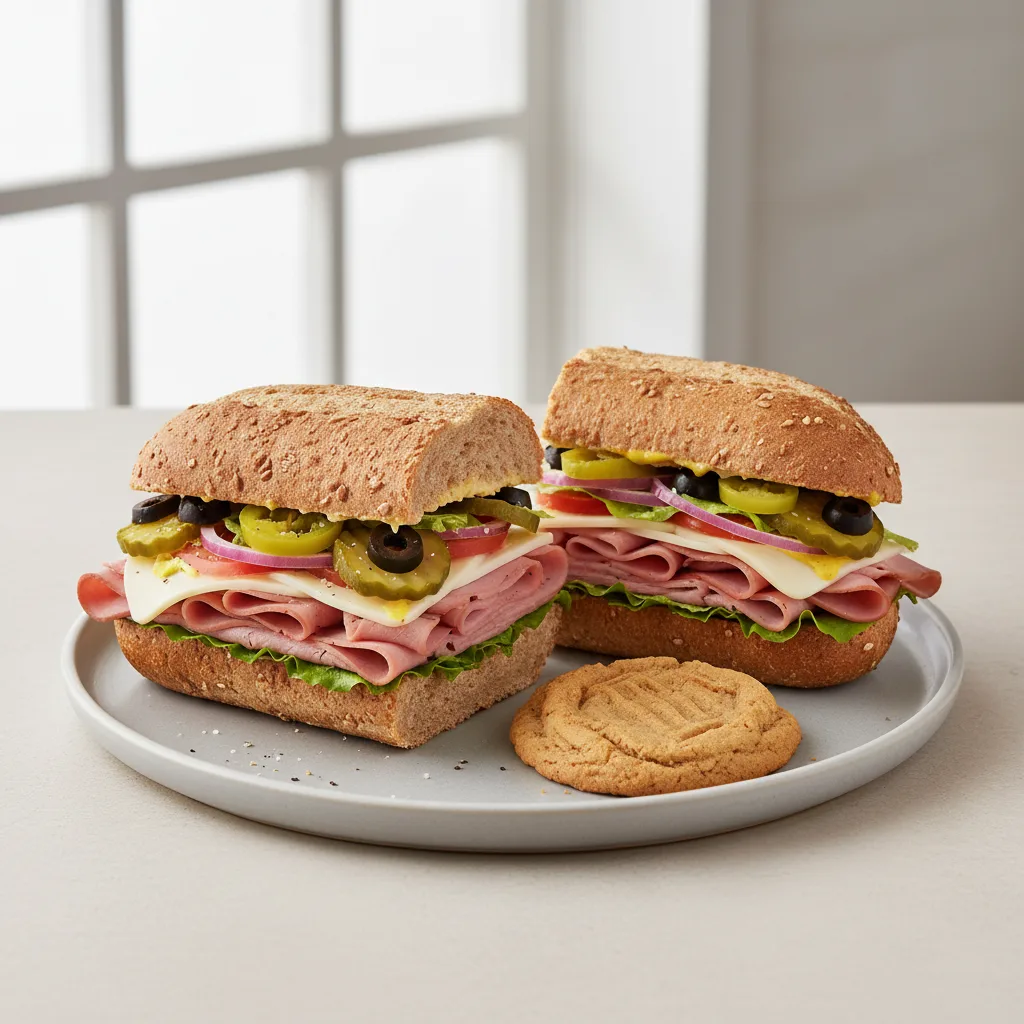 Ham & Swiss Sub on Whole Grain Wheat Bread & Peanut Butter Cookie (No Tomatoes) Ham & Swiss Sub on Whole Grain Wheat Bread & Peanut Butter Cookie (No Tomatoes)