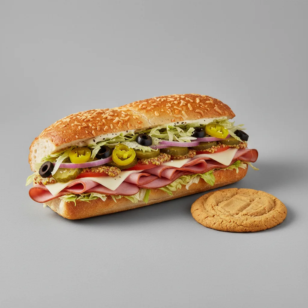 Ham and Swiss Sub on Parmesan Bread and a Peanut Butter Cookie (No Tomatoes) Ham and Swiss Sub on Parmesan Bread and a Peanut Butter Cookie (No Tomatoes)