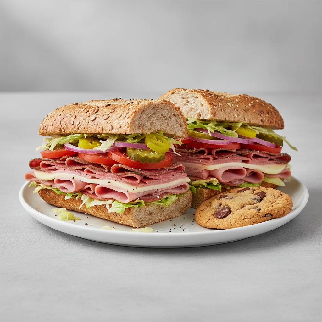 Italian Sub on Whole Grain Wheat Bread and a Chocolate Chip Cookie Italian Sub on Whole Grain Wheat Bread and a Chocolate Chip Cookie