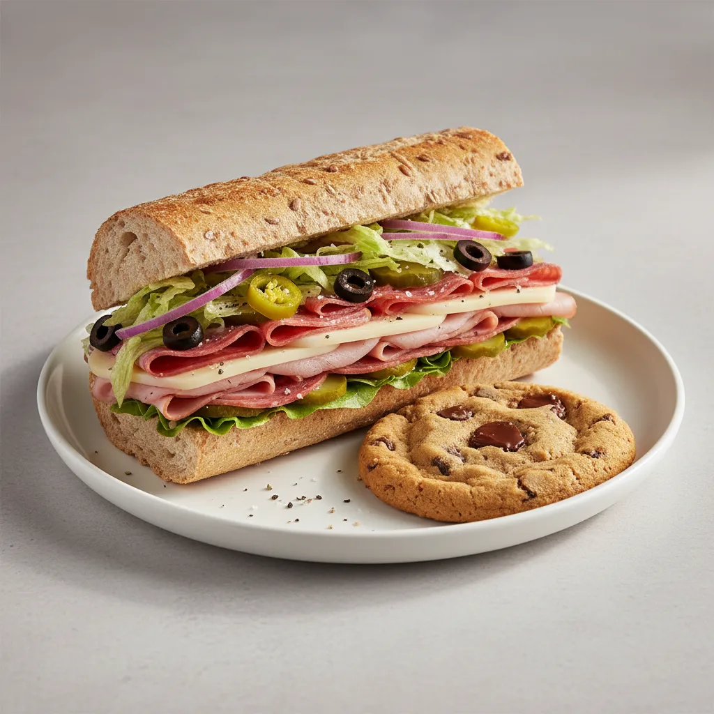 Italian Sub on Whole Grain Wheat Bread & a Chocolate Chip Cookie (No Tomatoes) Italian Sub on Whole Grain Wheat Bread & a Chocolate Chip Cookie (No Tomatoes)