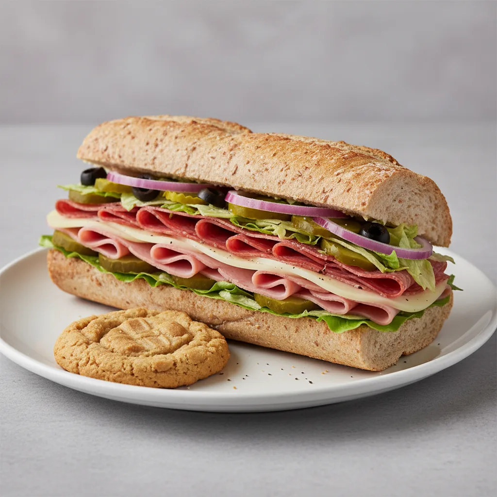 Italian Sub on Whole Grain Wheat Bread and a Peanut Butter Cookie (No Tomatoes) Italian Sub on Whole Grain Wheat Bread and a Peanut Butter Cookie (No Tomatoes)
