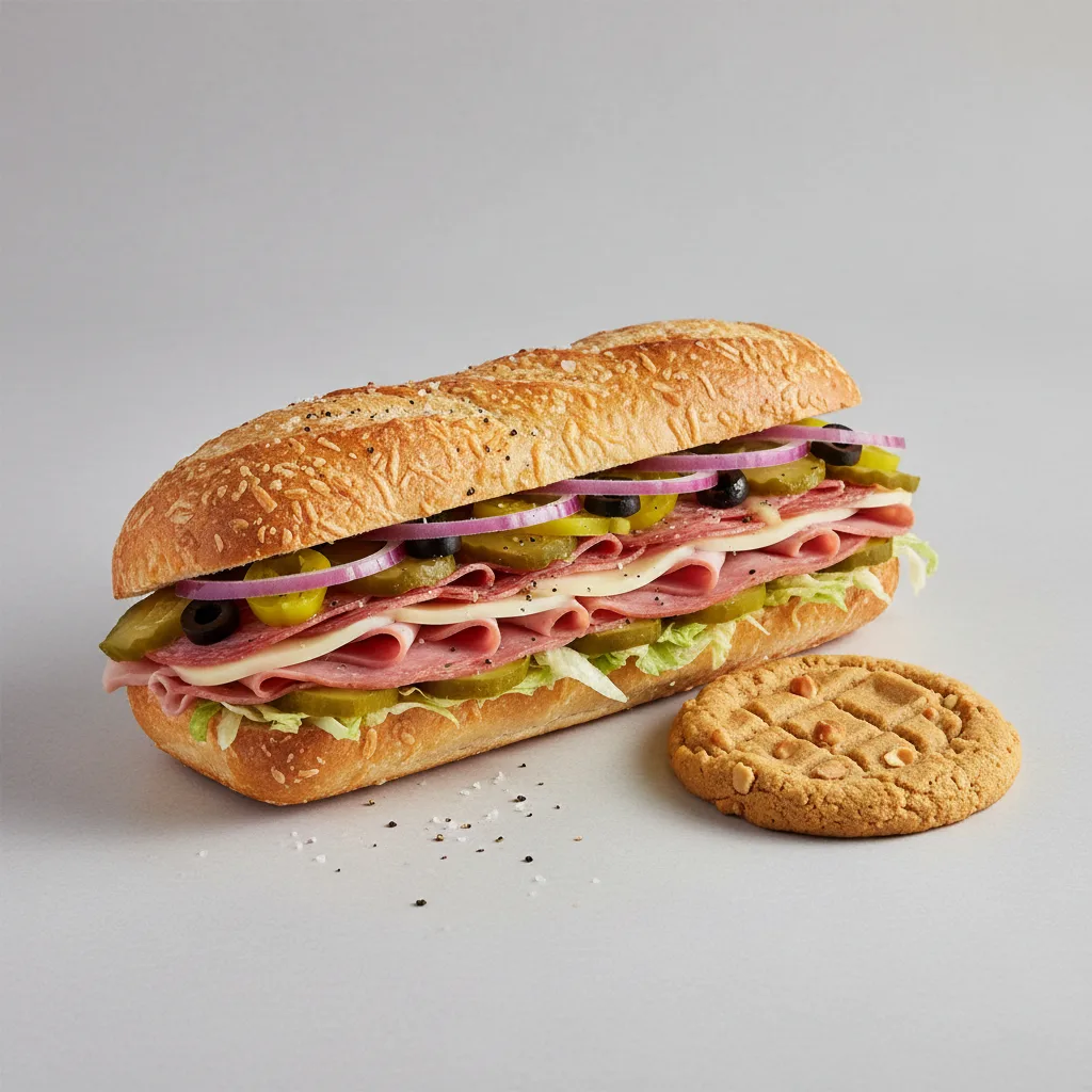 Italian Sub on Parmesan Bread and a Peanut Butter Cookie (No Tomatoes) Italian Sub on Parmesan Bread and a Peanut Butter Cookie (No Tomatoes)